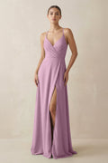 A - Line Chiffon Long Bridesmaid Dress With Slit in Wisteria - SHE IS ME