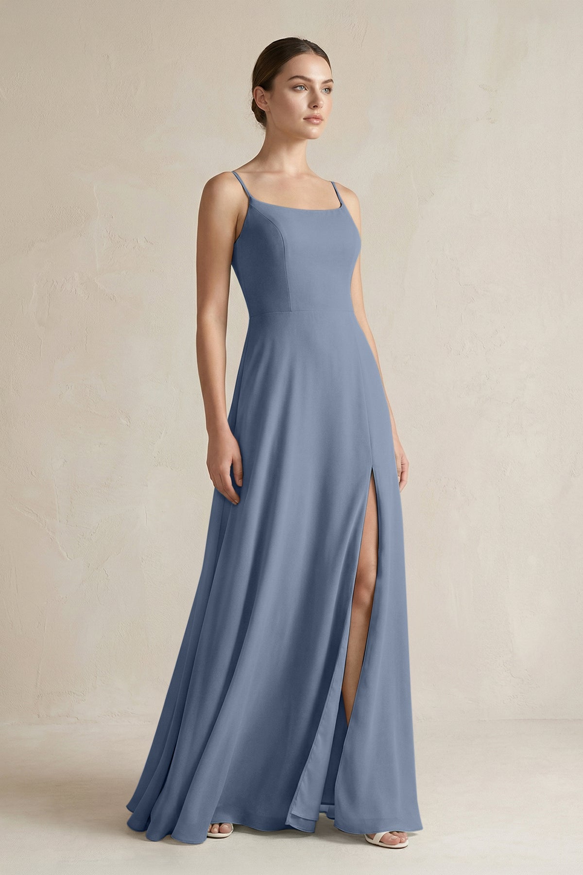 A - Line Chiffon Spaghetti Strap Bridesmaid Dress in Neptune - SHE IS ME Bridesmaid Dresses