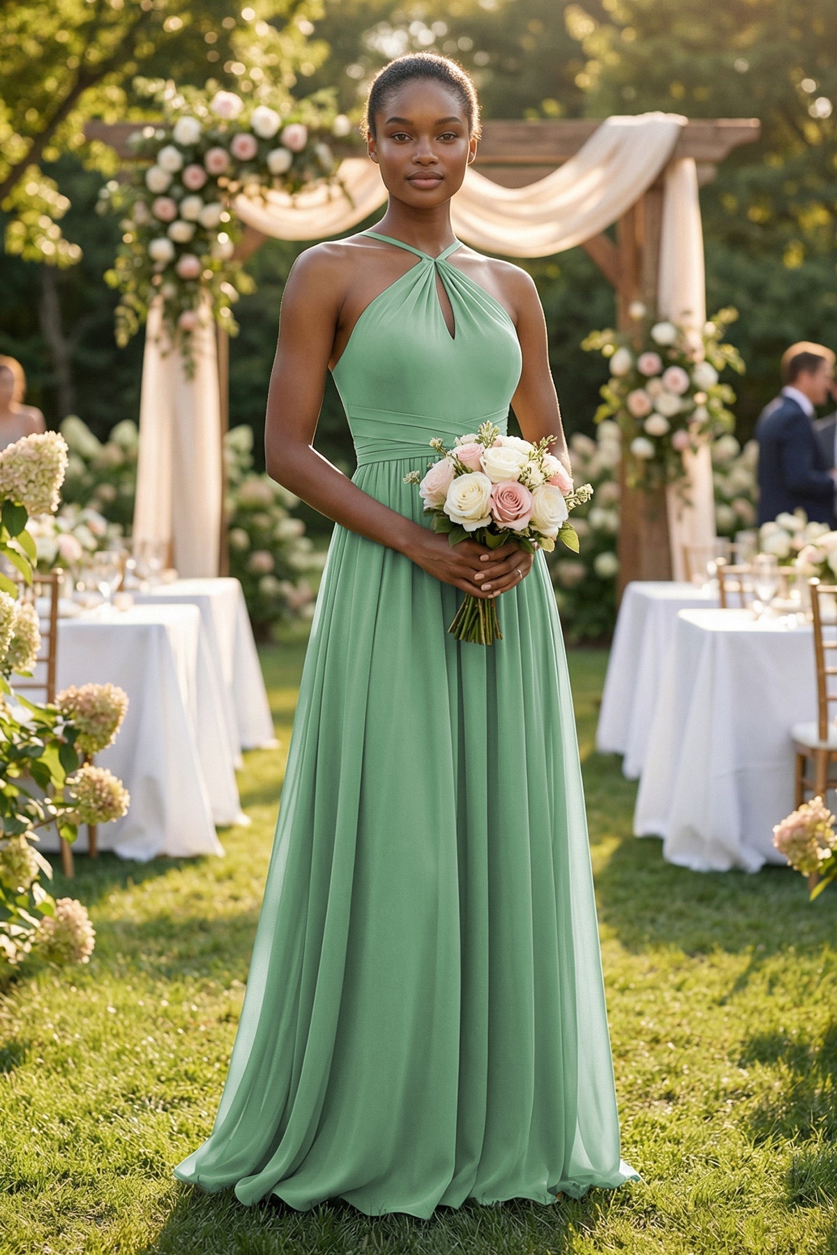 A - Line Halter Chiffon Ruched Bridesmaid Dress in Sea Glass - SHE IS ME Bridesmaid Dresses