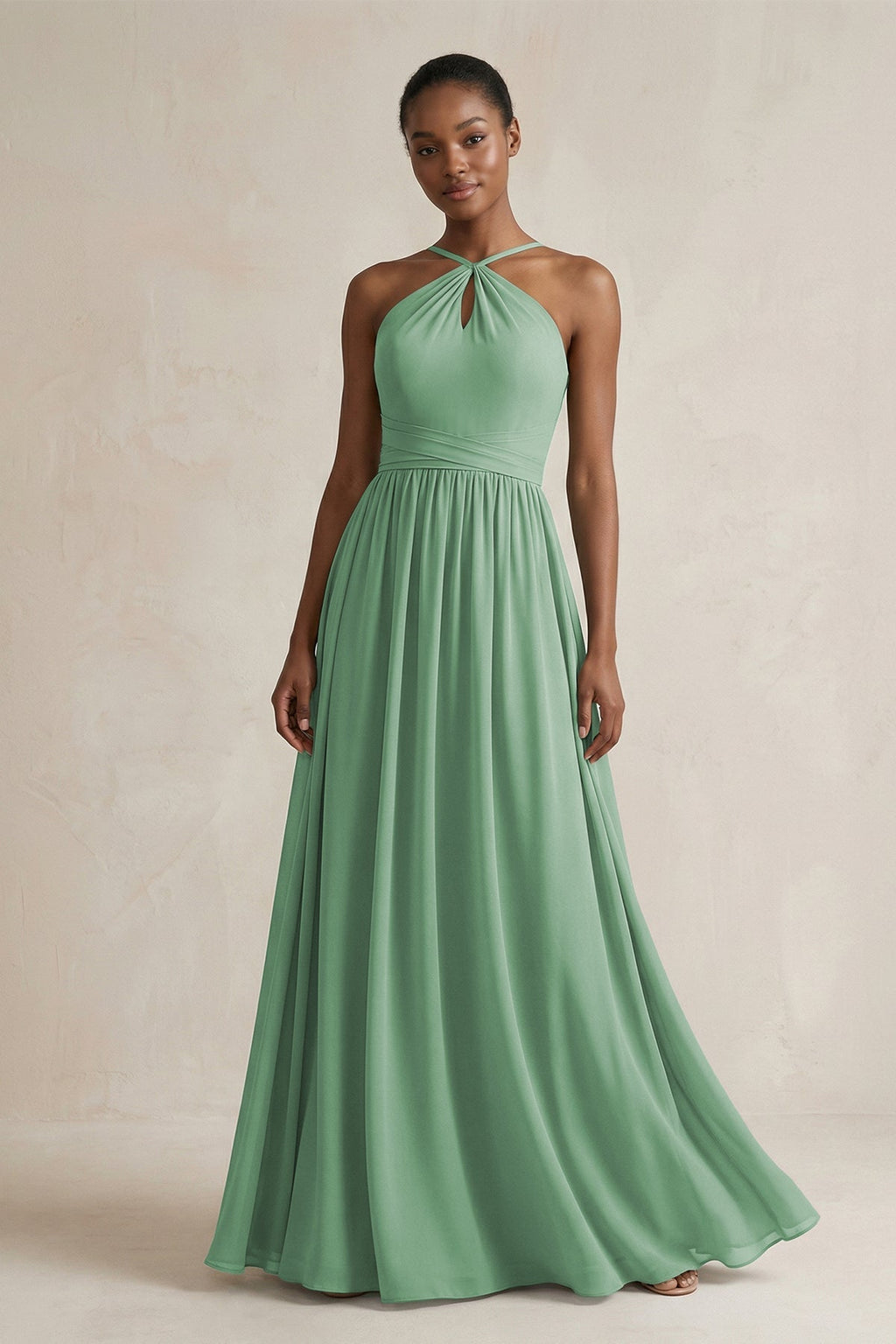 A - Line Halter Chiffon Ruched Bridesmaid Dress in Sea Glass - SHE IS ME Bridesmaid Dresses