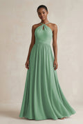 A - Line Halter Chiffon Ruched Bridesmaid Dress in Sea Glass - SHE IS ME Bridesmaid Dresses