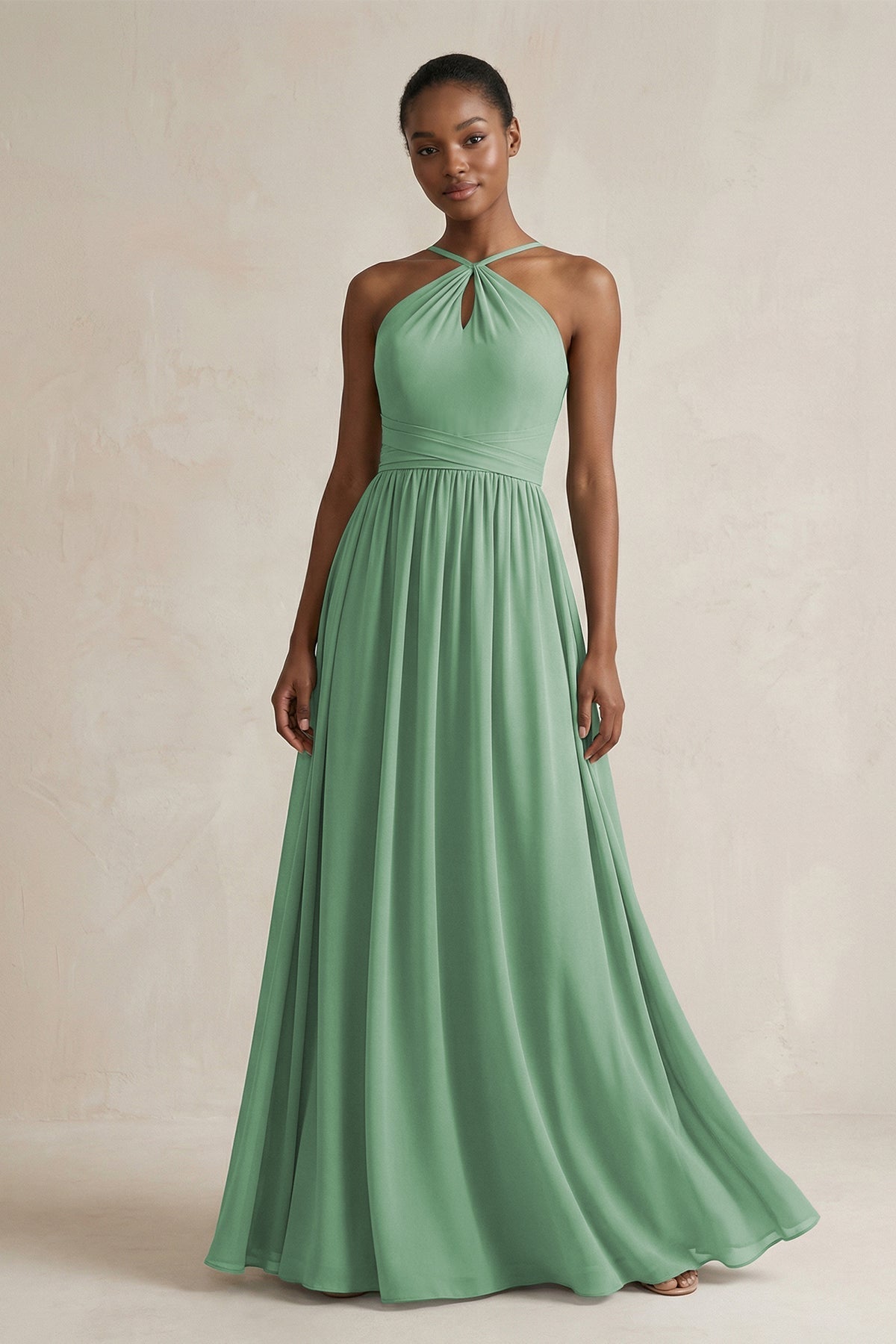 A - Line Halter Chiffon Ruched Bridesmaid Dress in Sea Glass - SHE IS ME Bridesmaid Dresses
