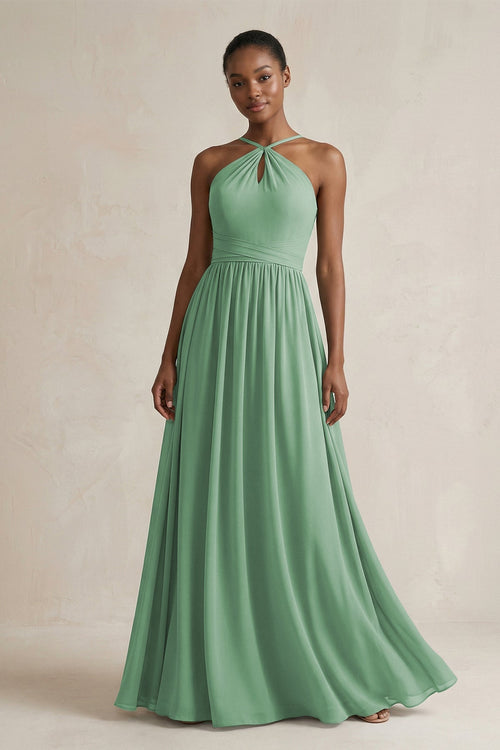 A - Line Halter Chiffon Ruched Bridesmaid Dress in Sea Glass - SHE IS ME Bridesmaid Dresses