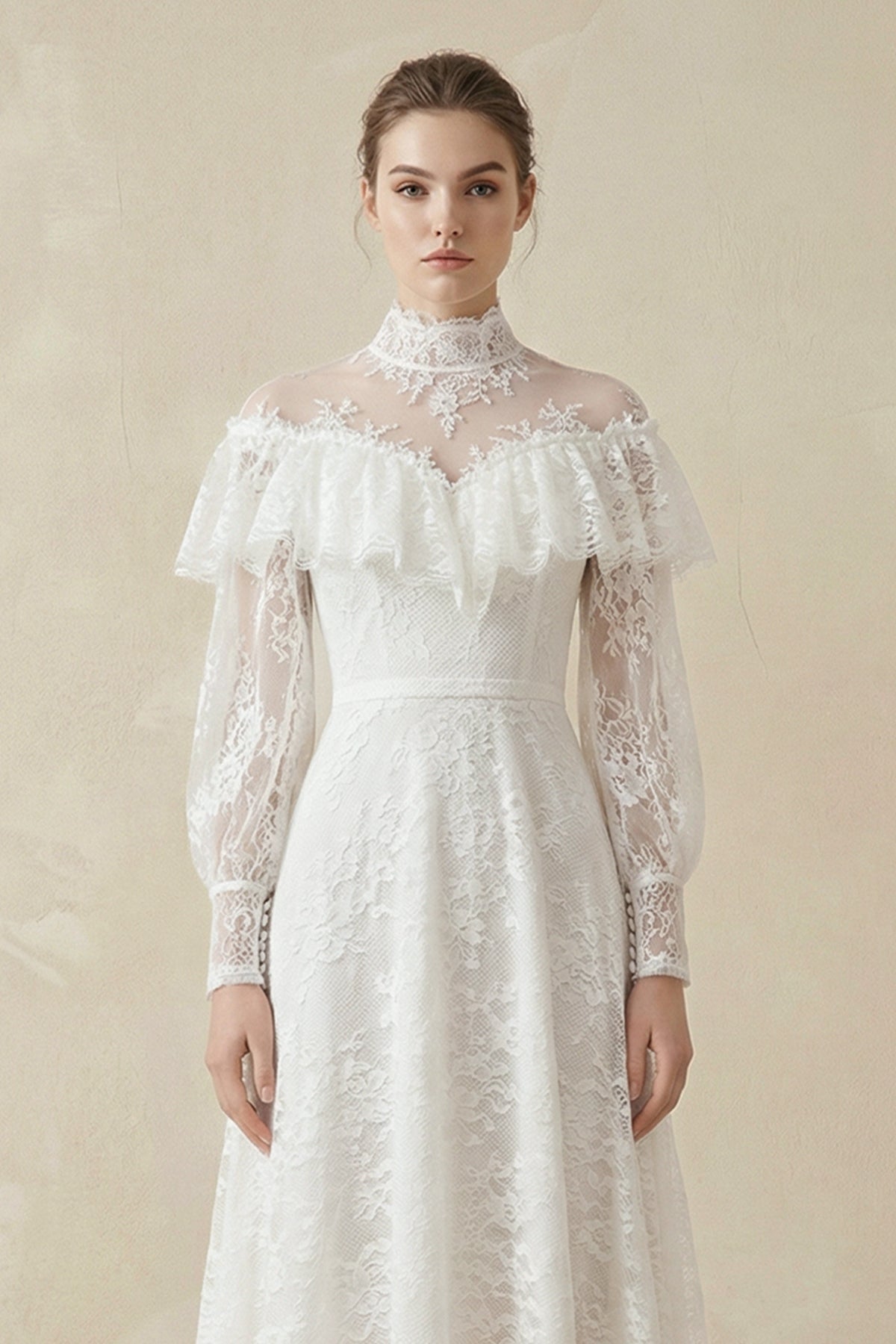 A - Line High Neck Long Sleeve Lace Wedding Dress - SHE IS ME Wedding Dresses