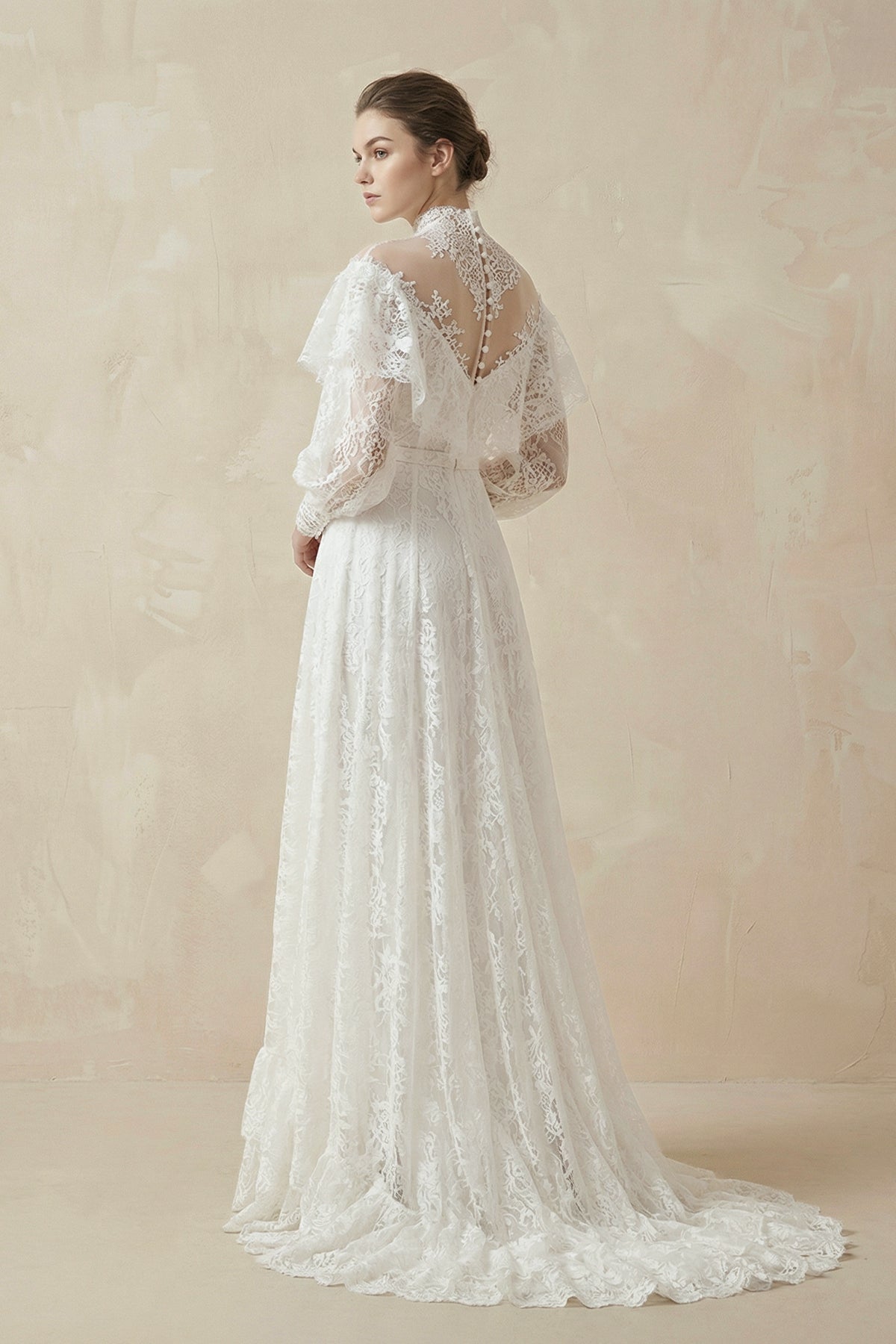 A - Line High Neck Long Sleeve Lace Wedding Dress - SHE IS ME Wedding Dresses
