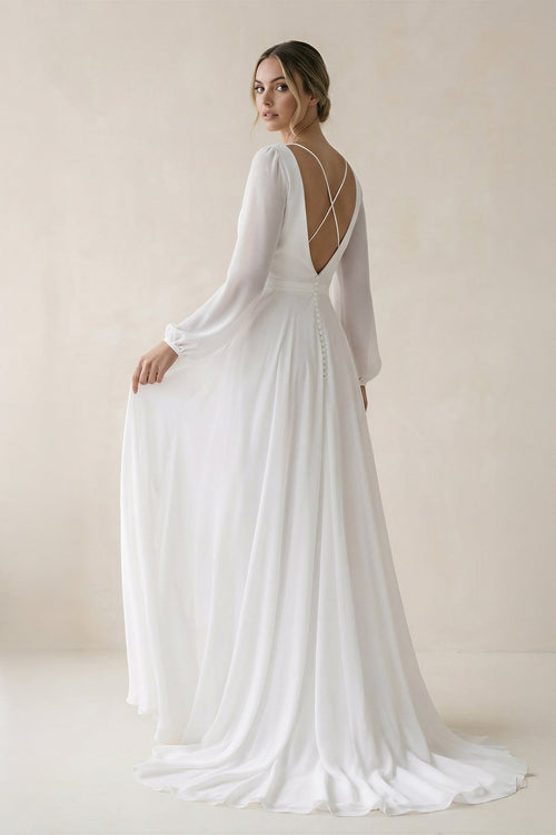 A - Line Illusion Neck Chiffon Wedding Dresses in White - SHE IS ME Wedding Dresses