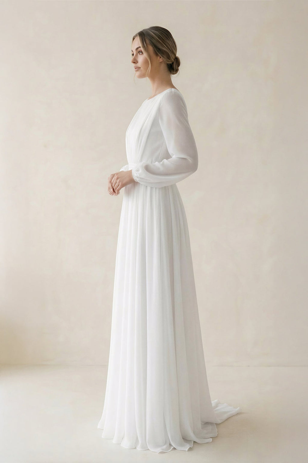 A - Line Illusion Neck Chiffon Wedding Dresses in White - SHE IS ME Wedding Dresses
