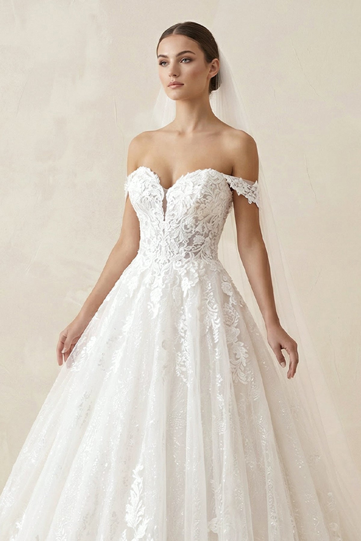 A Line Ivory Lace Off - the - Shoulder Wedding Dress - SHE IS ME Wedding Dresses
