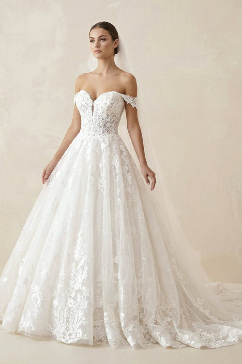 A Line Ivory Lace Off - the - Shoulder Wedding Dress - SHE IS ME Wedding Dresses