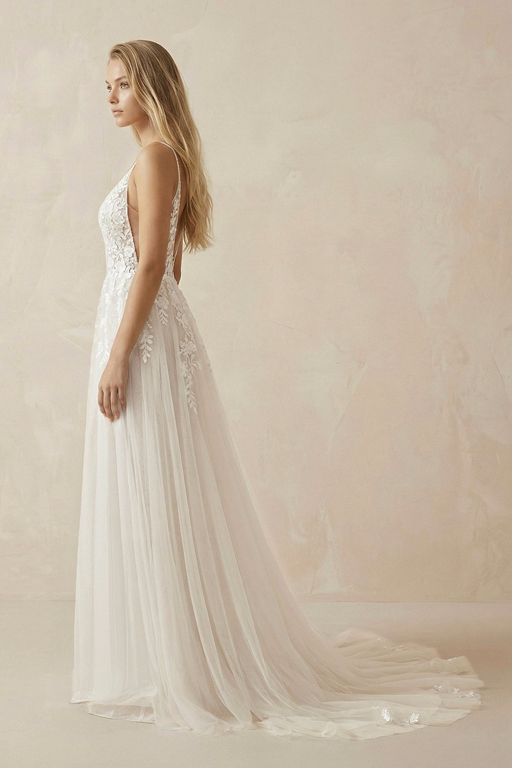 A - Line Ivory Lace V - Neck Wedding Dress with Ruffles - SHE IS ME Wedding Dresses