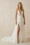 A - Line Ivory Lace V - Neck Wedding Dress with Ruffles - SHE IS ME Wedding Dresses