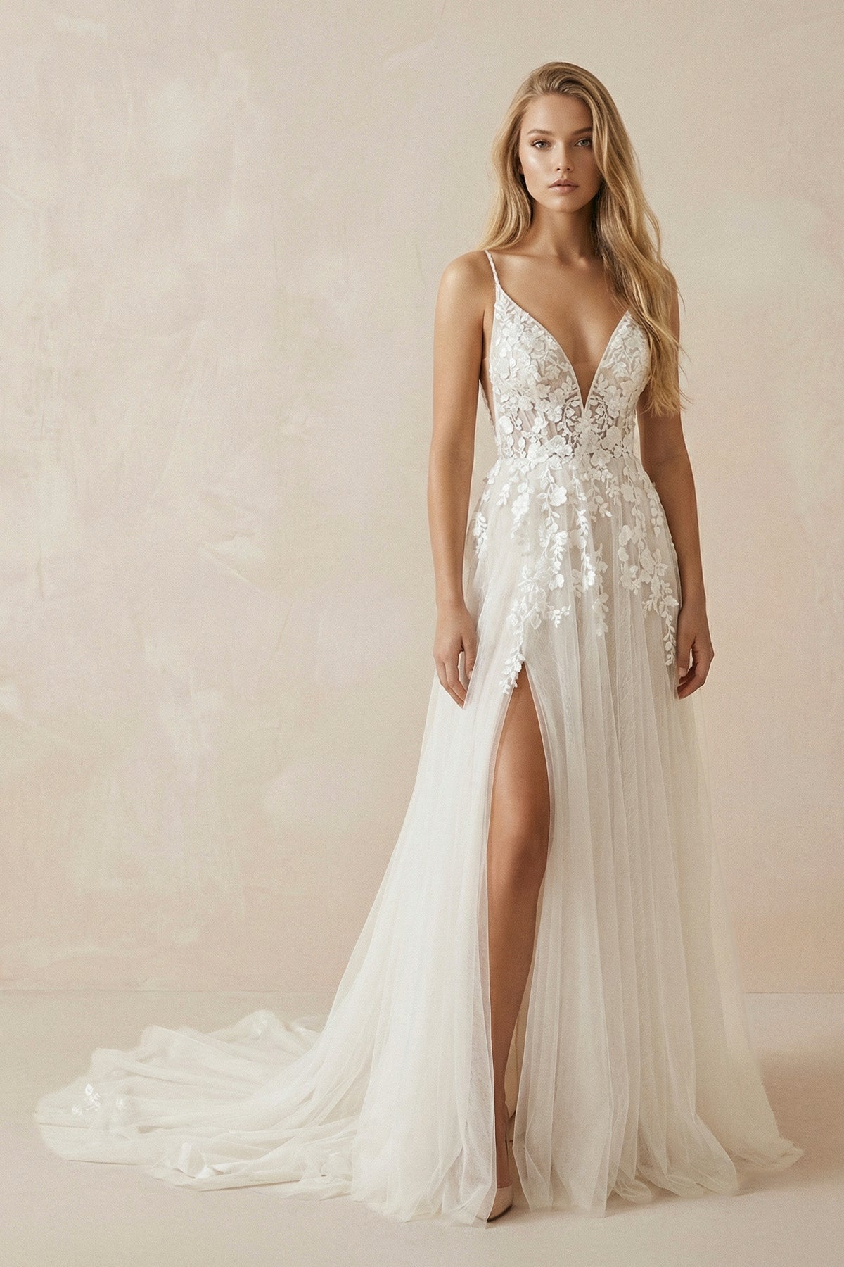 A - Line Ivory Lace V - Neck Wedding Dress with Ruffles - SHE IS ME Wedding Dresses