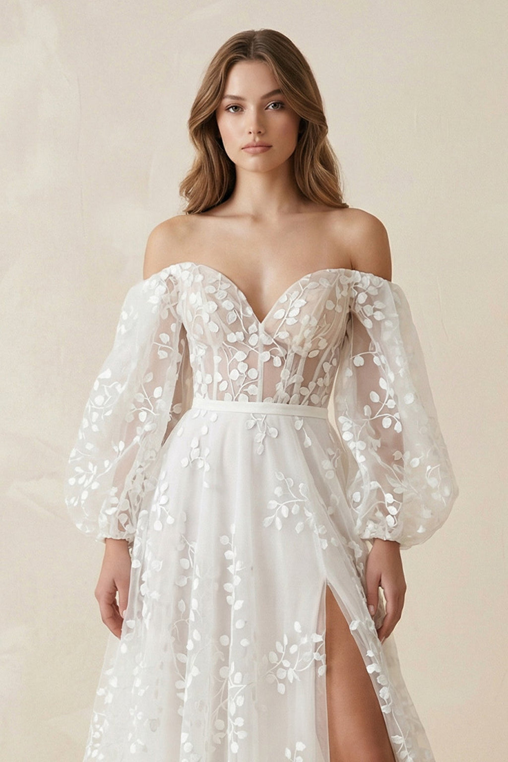 A - Line Ivory Off - the - Shoulder Lace Wedding Dress - SHE IS ME Wedding Dresses