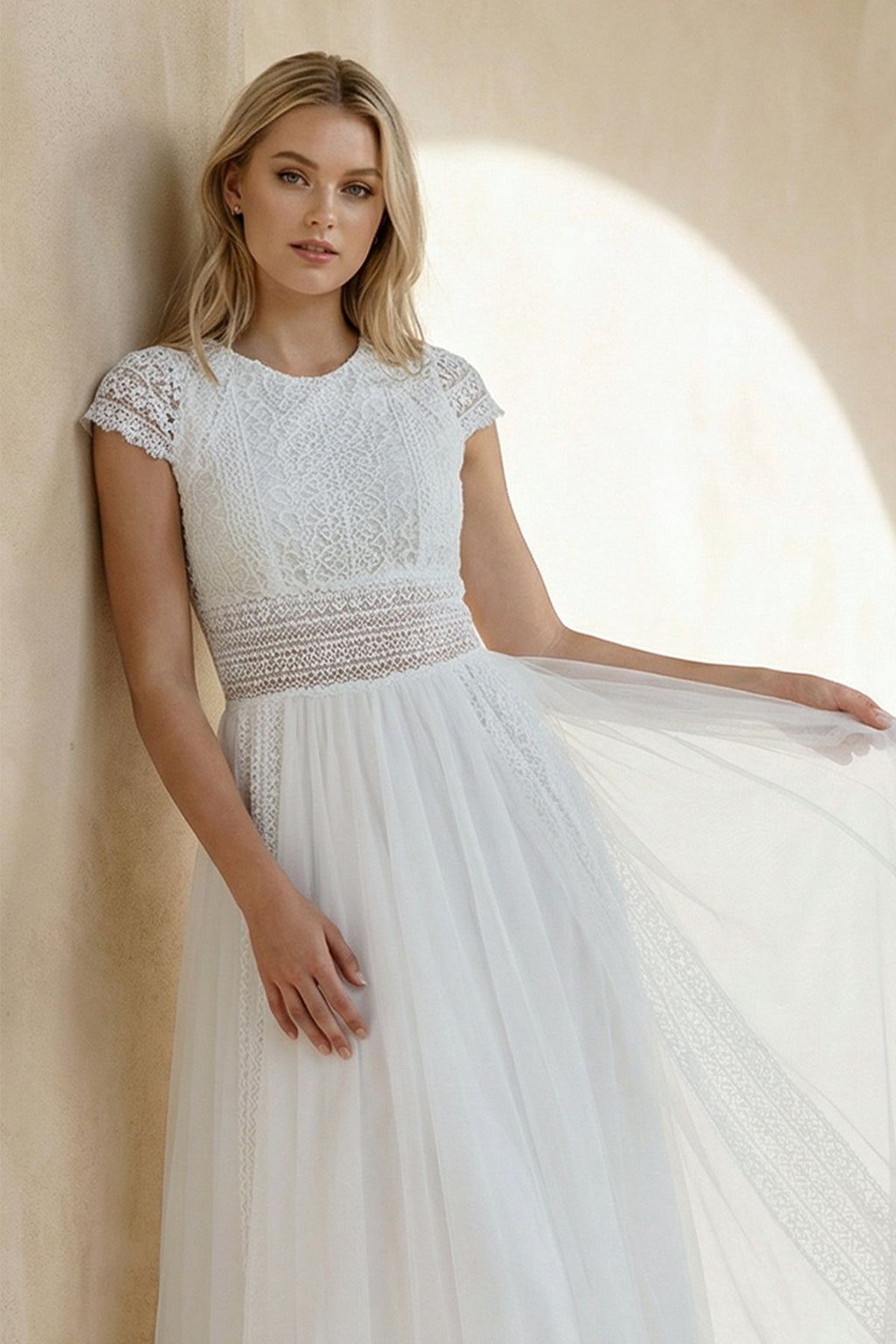 A Line Lace Cap Sleeves Wedding Dress in White - SHE IS ME Wedding Dresses