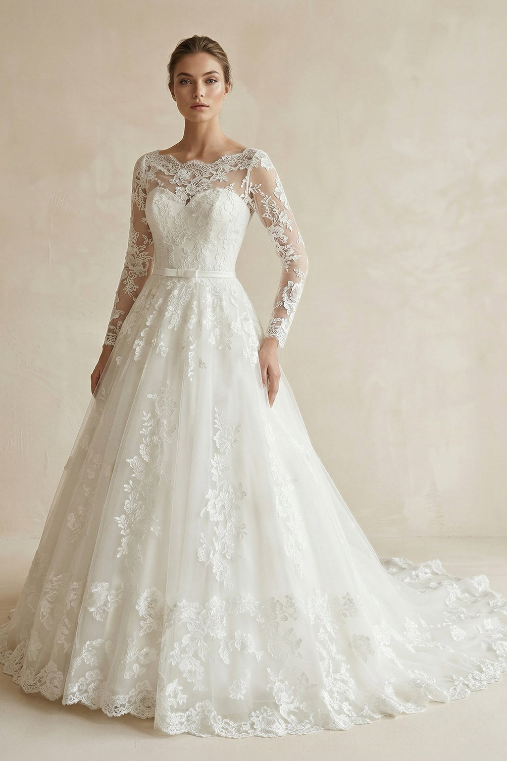 A Line Lace Long Sleeves Wedding Dress With Bow in Ivory - SHE IS ME Wedding Dresses