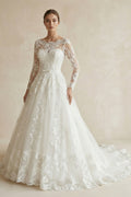 A Line Lace Long Sleeves Wedding Dress With Bow in Ivory - SHE IS ME Wedding Dresses