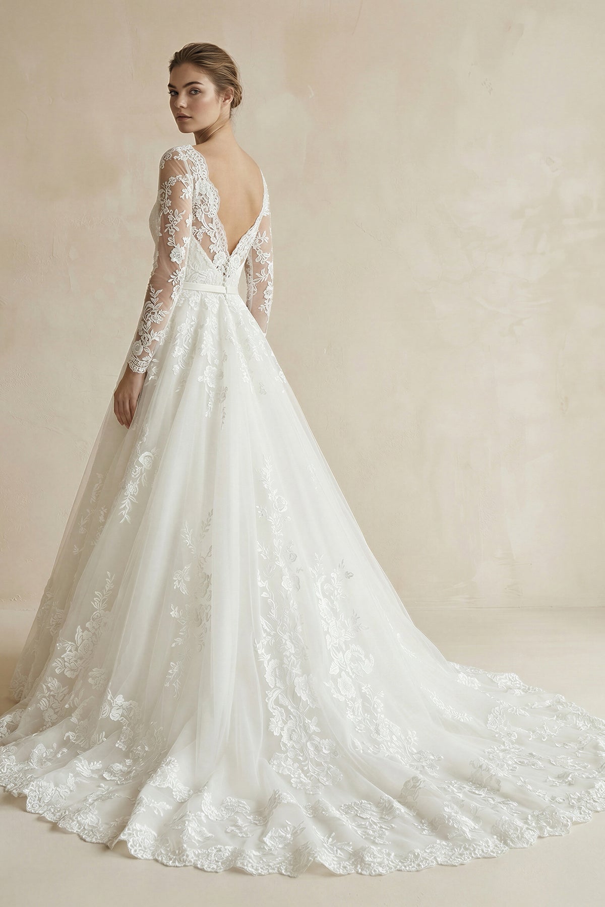 A Line Lace Long Sleeves Wedding Dress With Bow in Ivory - SHE IS ME Wedding Dresses