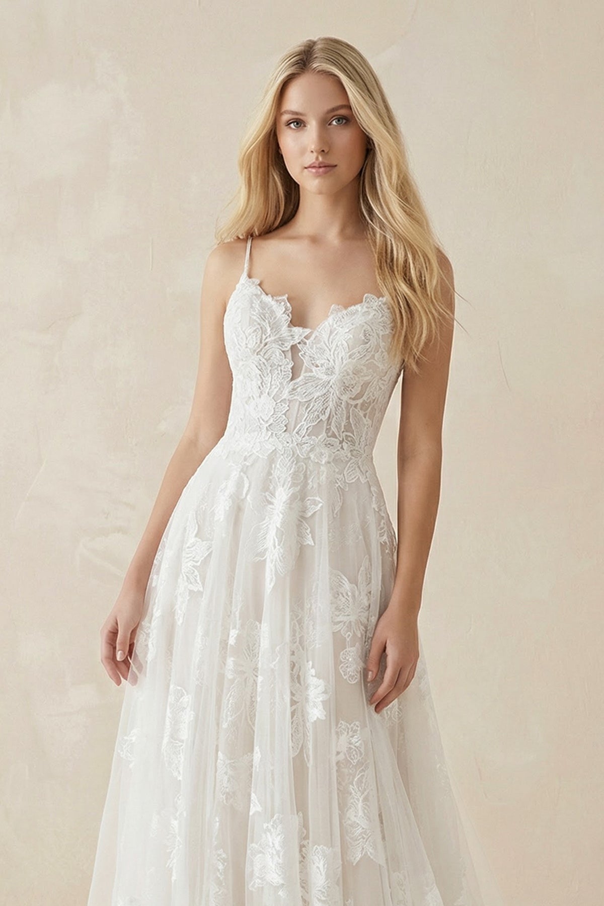 A - Line Lace Spaghetti - Strap Wedding Dress in Ivory - SHE IS ME Wedding Dresses