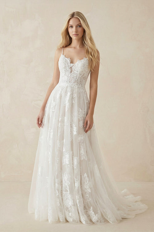 A - Line Lace Spaghetti - Strap Wedding Dress in Ivory - SHE IS ME Wedding Dresses