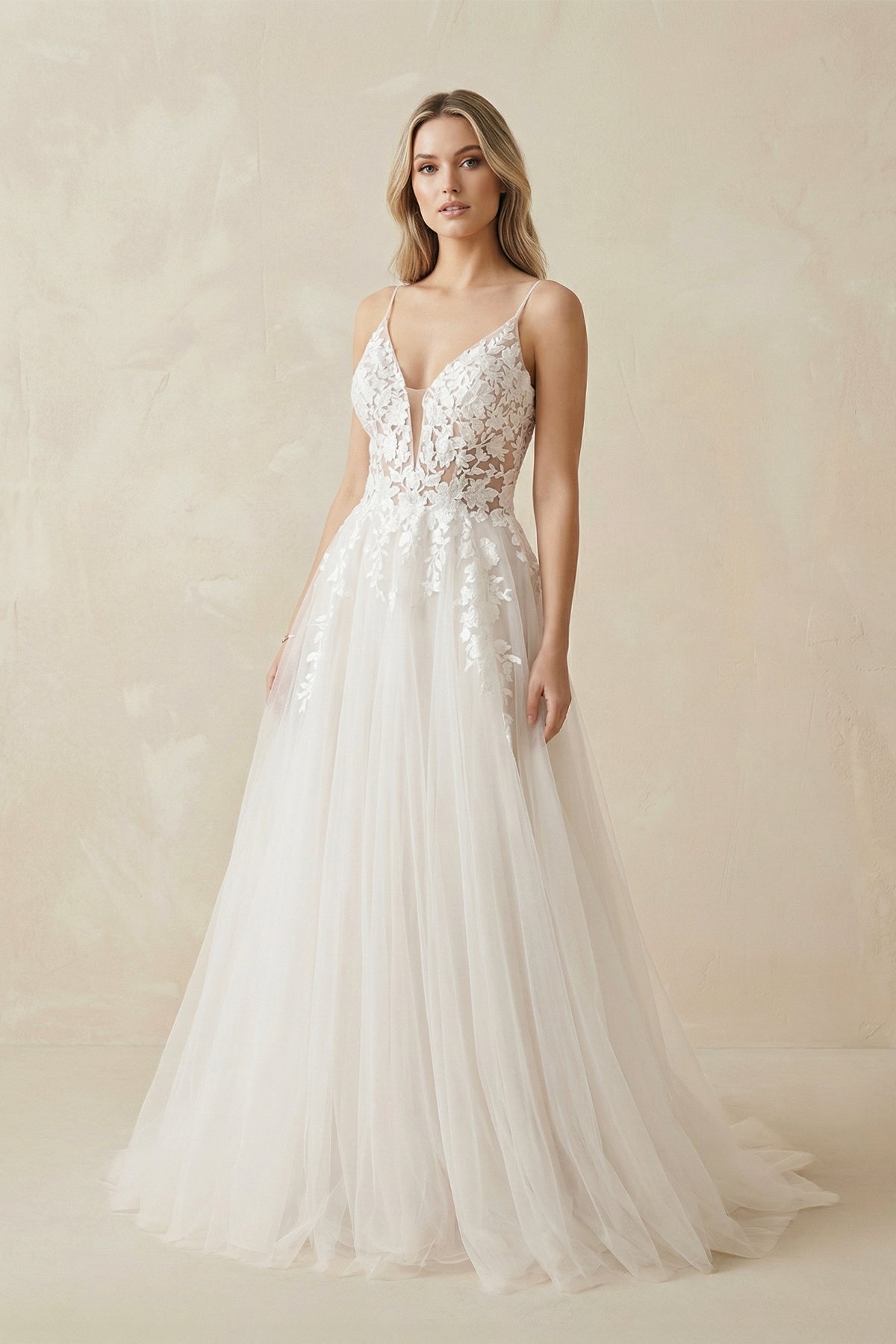 A Line Lace Tulle V - neck Sleeveless Wedding Dress in Ivory - SHE IS ME Wedding Dresses