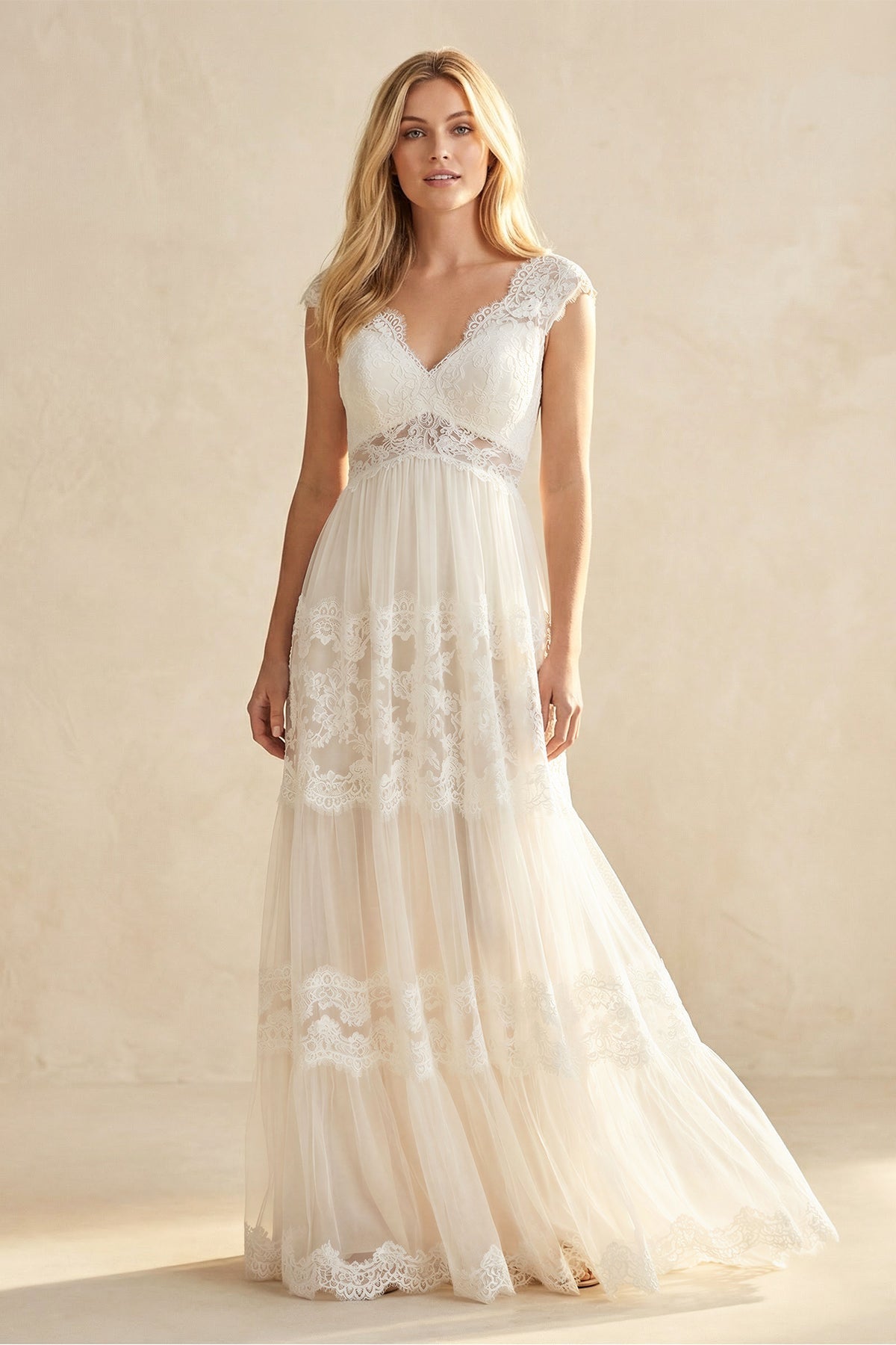 A - Line Lace V - Neck Tulle Wedding Dress in Ivory - SHE IS ME Wedding Dresses
