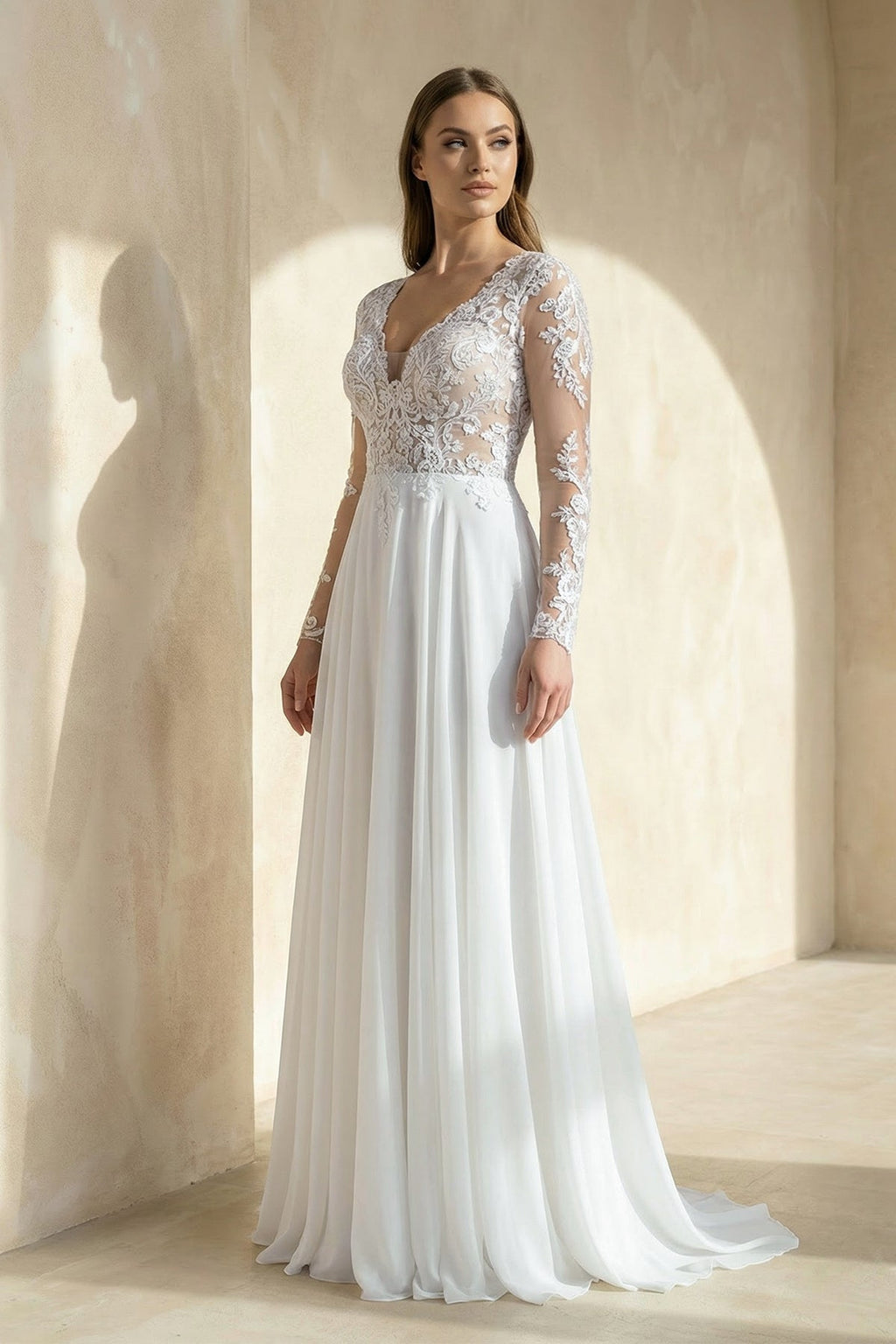 A - Line Long Sleeve Lace Wedding Dress in White - SHE IS ME Wedding Dresses