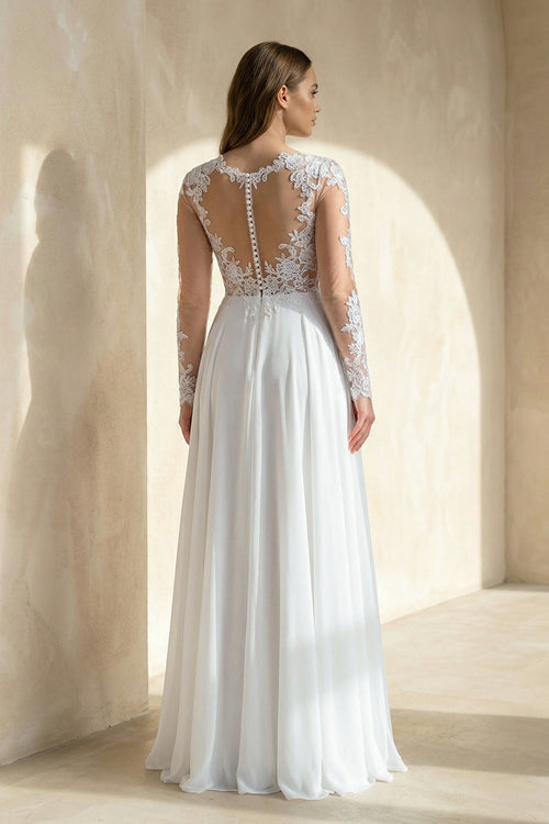 A - Line Long Sleeve Lace Wedding Dress in White - SHE IS ME Wedding Dresses