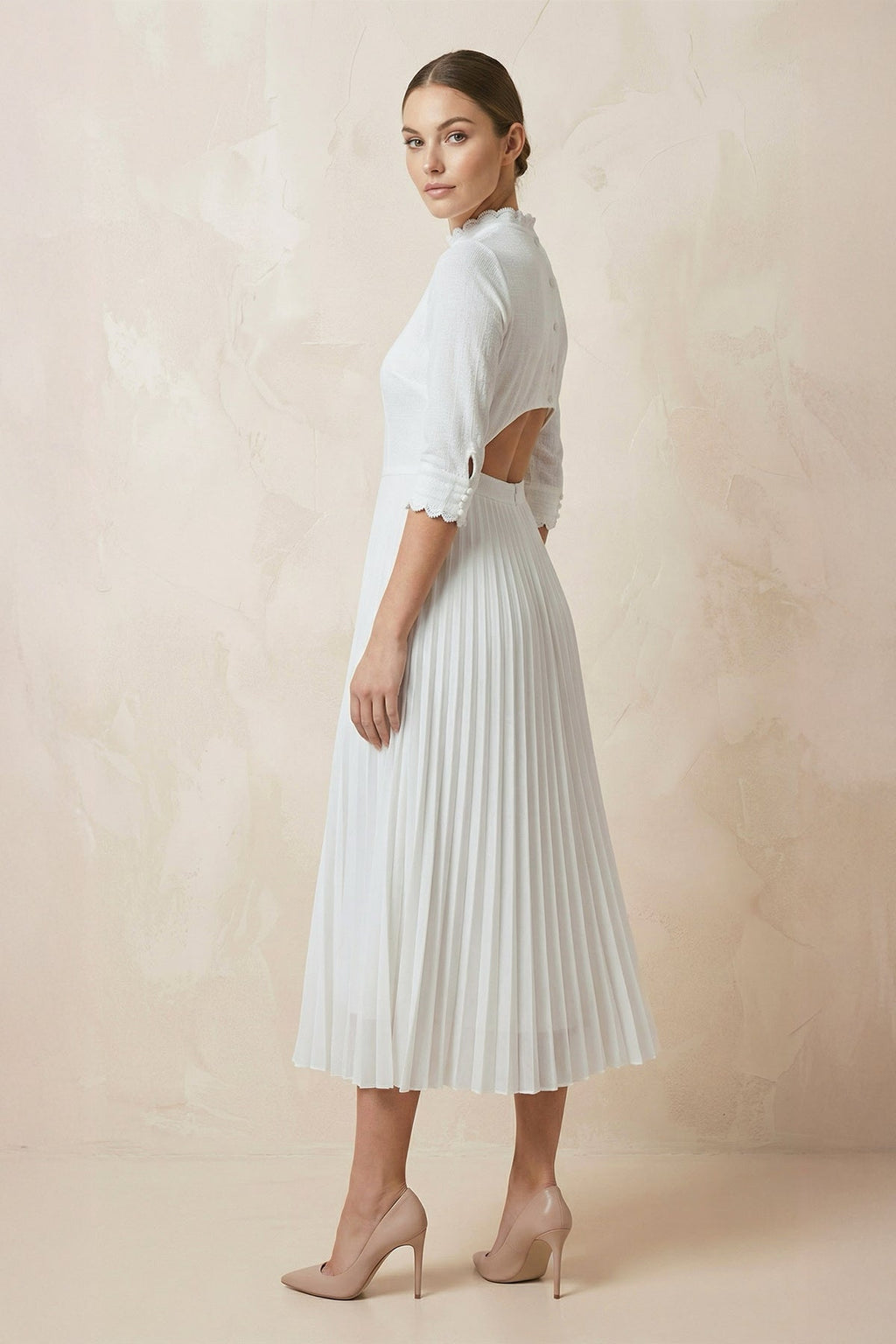 A - Line Long Sleeve Midi Wedding Dress with Pleats in White - SHE IS ME Wedding Dresses