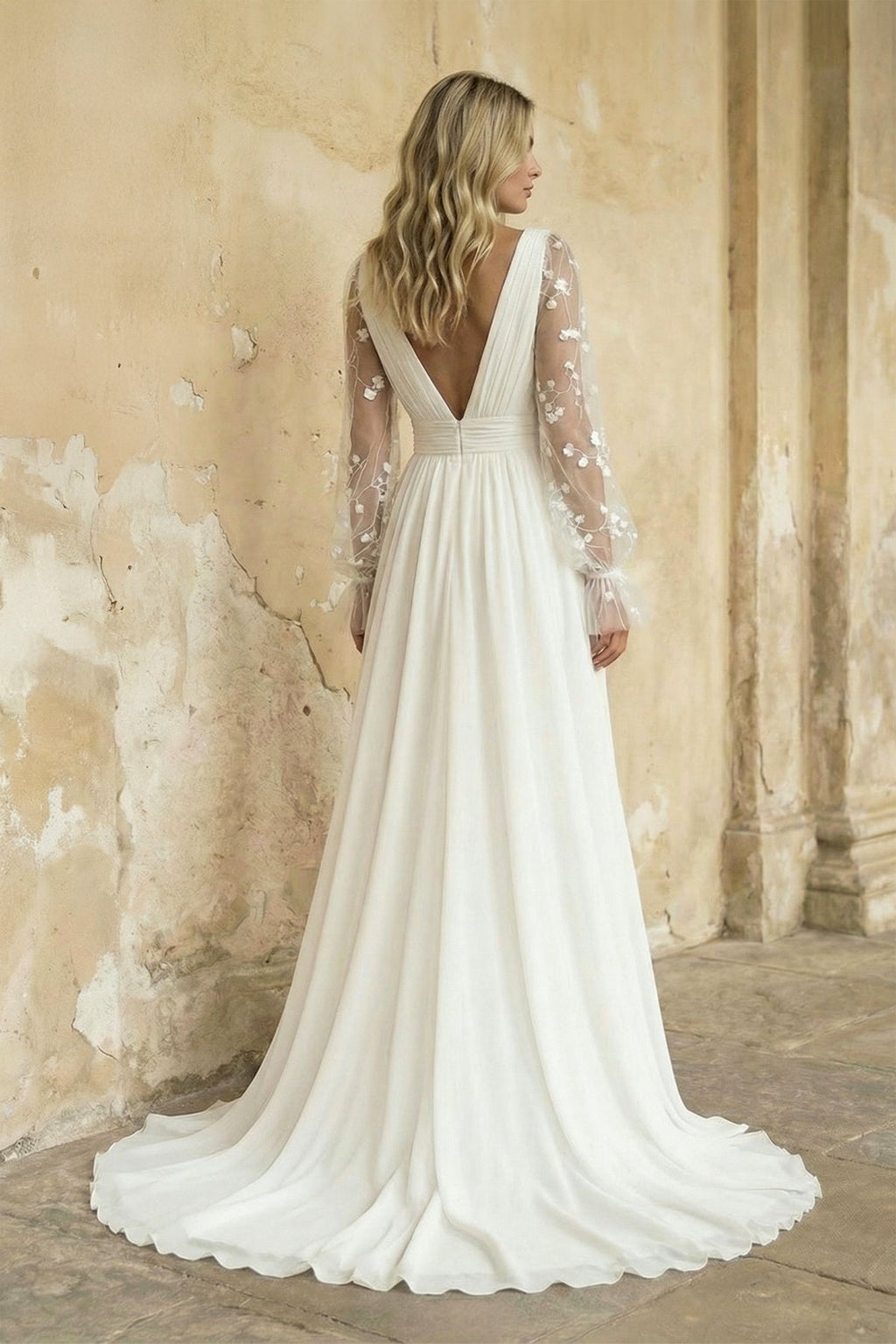 A Line Long Sleeves Chiffon Wedding Dress in Ivory - SHE IS ME Wedding Dresses