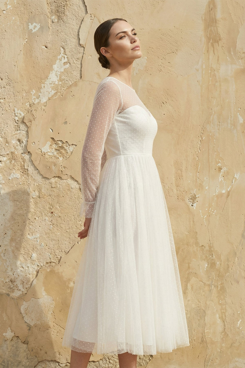 A Line Long Sleeves Chiffon Wedding Dress in White - SHE IS ME Wedding Dresses
