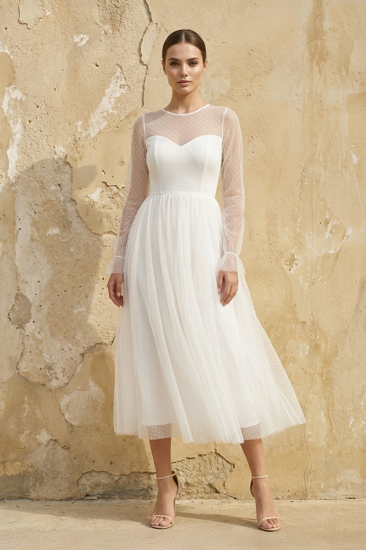 A Line Long Sleeves Chiffon Wedding Dress in White - SHE IS ME Wedding Dresses