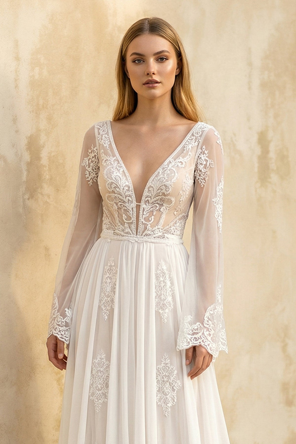 A - Line Long Sleeves Lace Wedding Dress in White - SHE IS ME Wedding Dresses