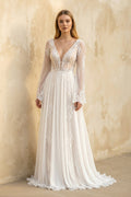 A - Line Long Sleeves Lace Wedding Dress in White - SHE IS ME Wedding Dresses