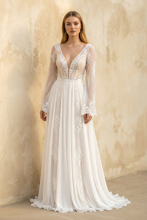 A - Line Long Sleeves Lace Wedding Dress in White - SHE IS ME Wedding Dresses