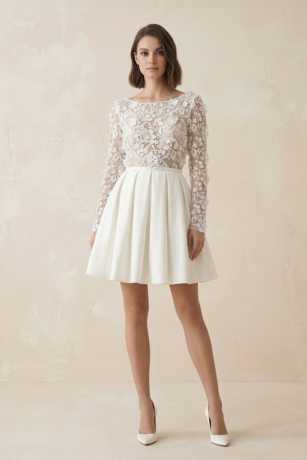A Line Long Sleeves Satin Wedding Dress With Appliques in Ivory - SHE IS ME Wedding Dresses