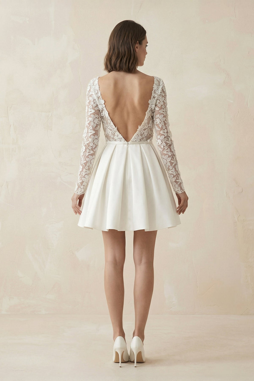 A Line Long Sleeves Satin Wedding Dress With Appliques in Ivory - SHE IS ME Wedding Dresses