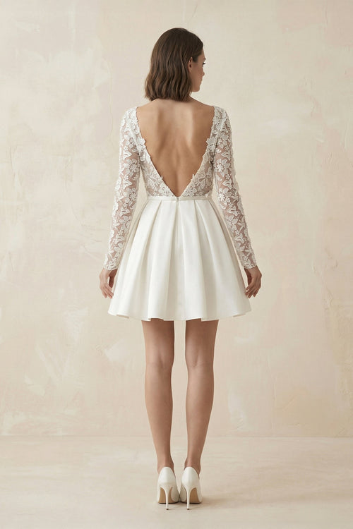 A Line Long Sleeves Satin Wedding Dress With Appliques in Ivory - SHE IS ME Wedding Dresses