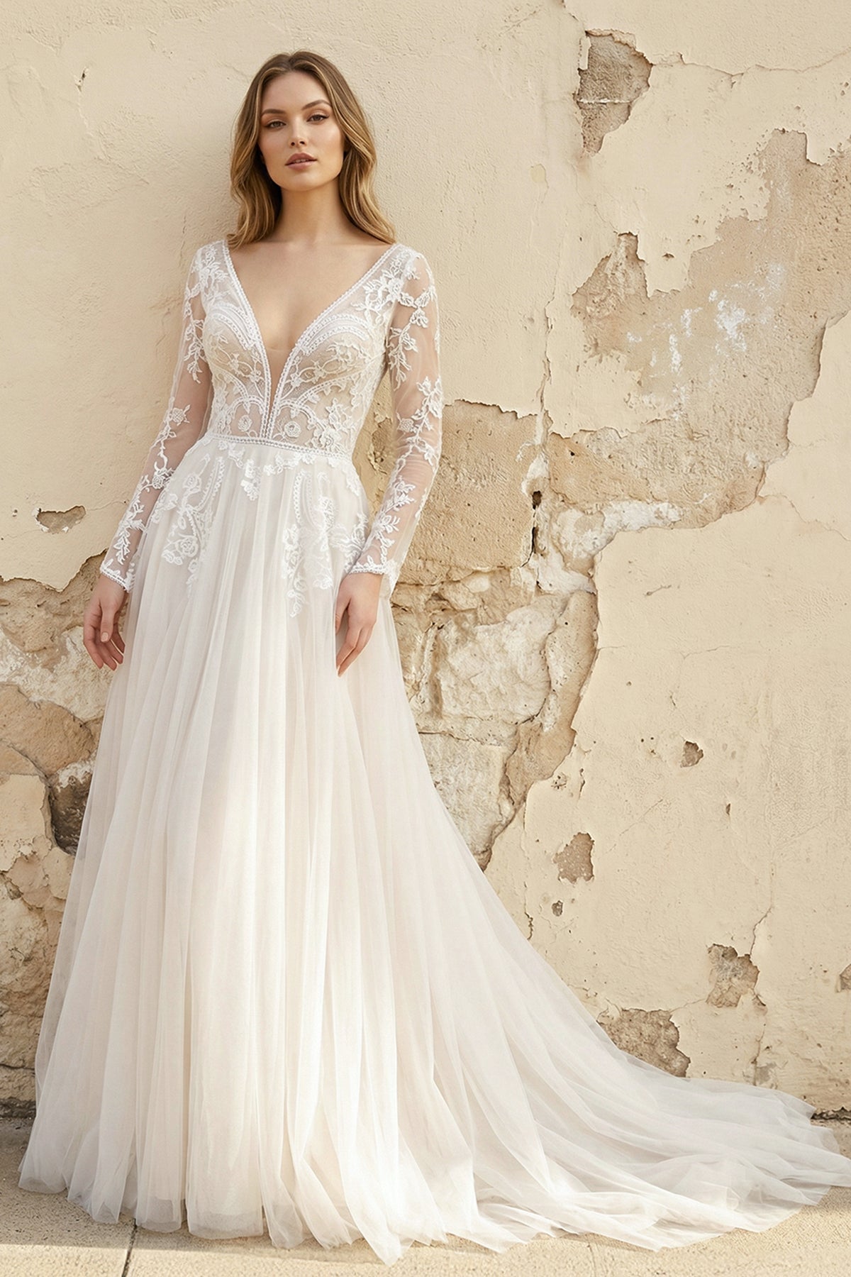 A Line Long Sleeves Tulle Wedding Dress - SHE IS ME Wedding Dresses