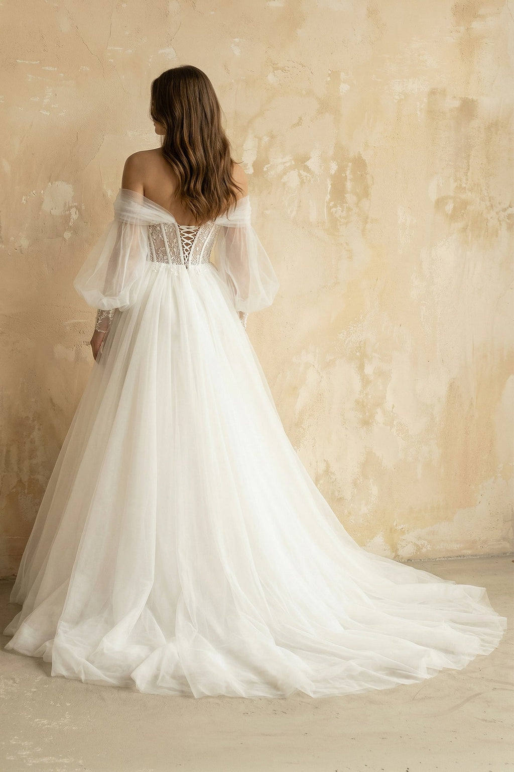 A Line Long Sleeves Tulle Wedding Dress With Appliques in Ivory - SHE IS ME Wedding Dresses