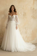 A Line Long Sleeves Tulle Wedding Dress With Appliques in Ivory - SHE IS ME Wedding Dresses