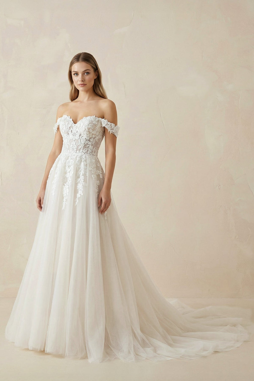 A Line Off - the - Shoulder Appliques Wedding Dress in Ivory - SHE IS ME Wedding Dresses