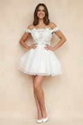 A - Line Off - the - Shoulder Lace Mini Wedding Dress - SHE IS ME Wedding Dresses