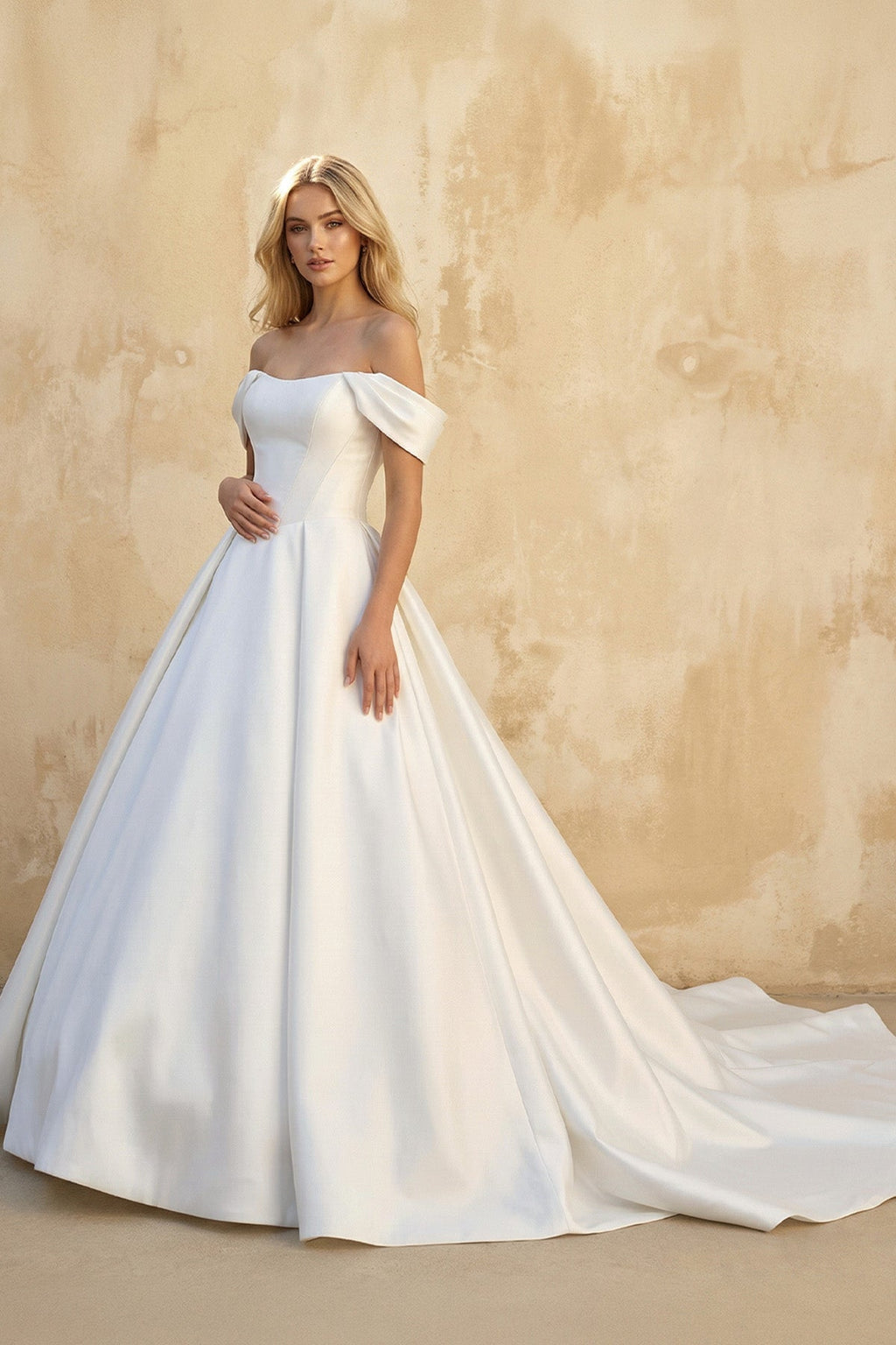 A - Line Off the Shoulder Satin Wedding Dresses in White - SHE IS ME Wedding Dresses