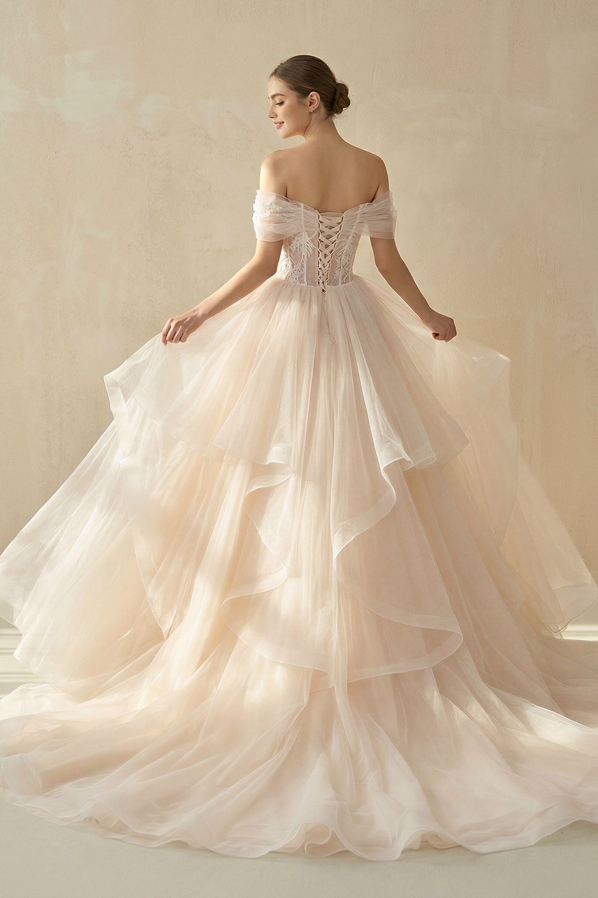 A - Line Off - the - Shoulder Tulle Wedding Dress - SHE IS ME Wedding Dresses