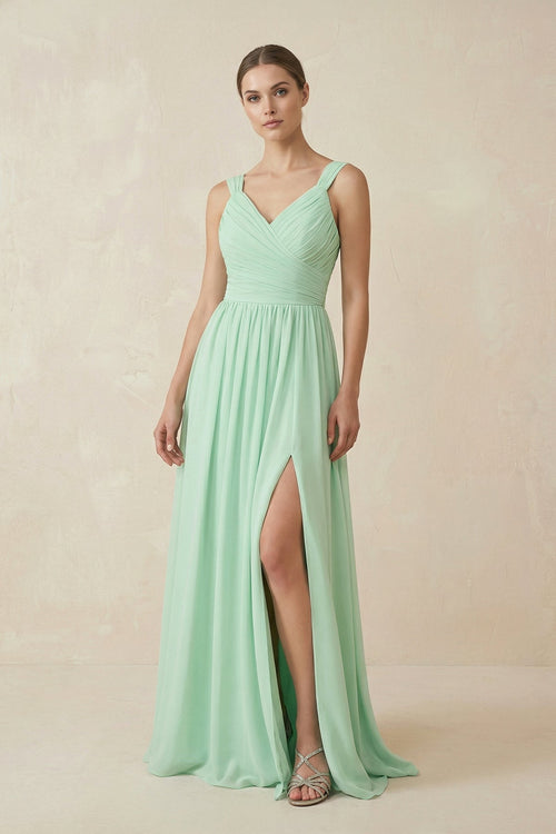 A - Line Pleated Chiffon Long Bridesmaid Dress - SHE IS ME Bridesmaid Dresses
