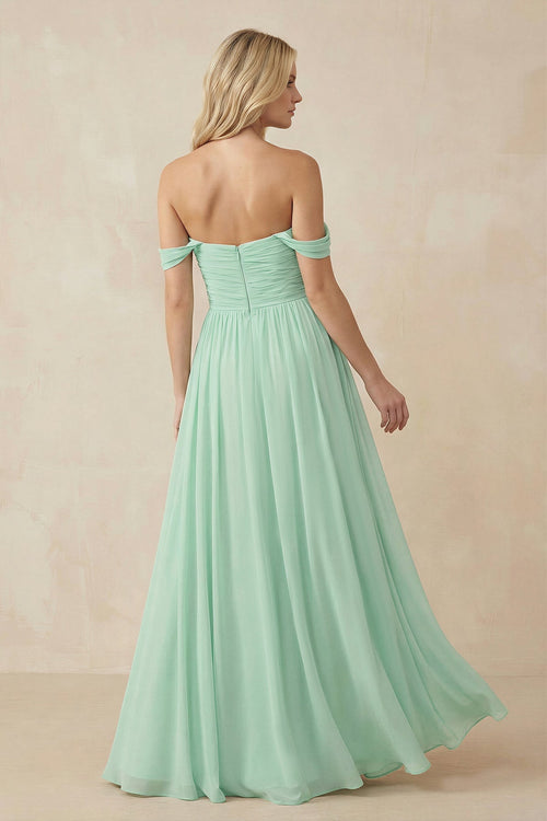 A-Line Pleated Long Chiffon Bridesmaid Dress in Pale Pistachio - SHE IS ME BRIDESMAID DRESSES