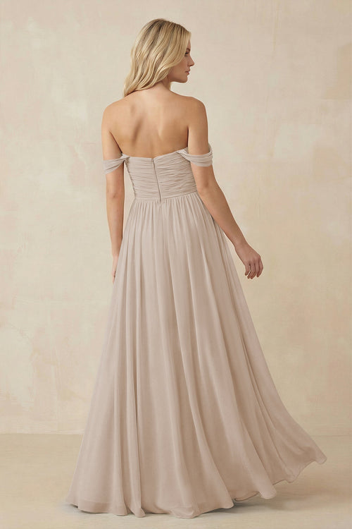 A - Line Pleated Chiffon Long Bridesmaid Dress in Almond - SHE IS ME Bridesmaid Dresses