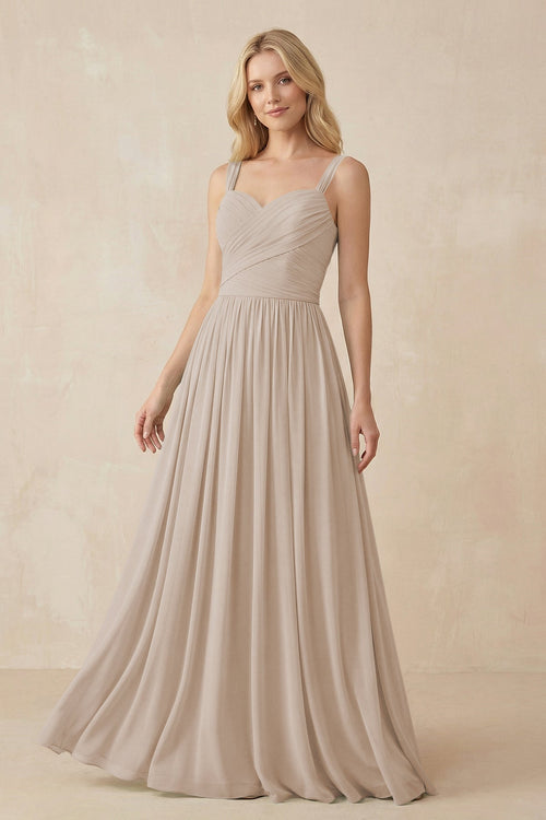 A - Line Pleated Chiffon Long Bridesmaid Dress in Almond - SHE IS ME Bridesmaid Dresses