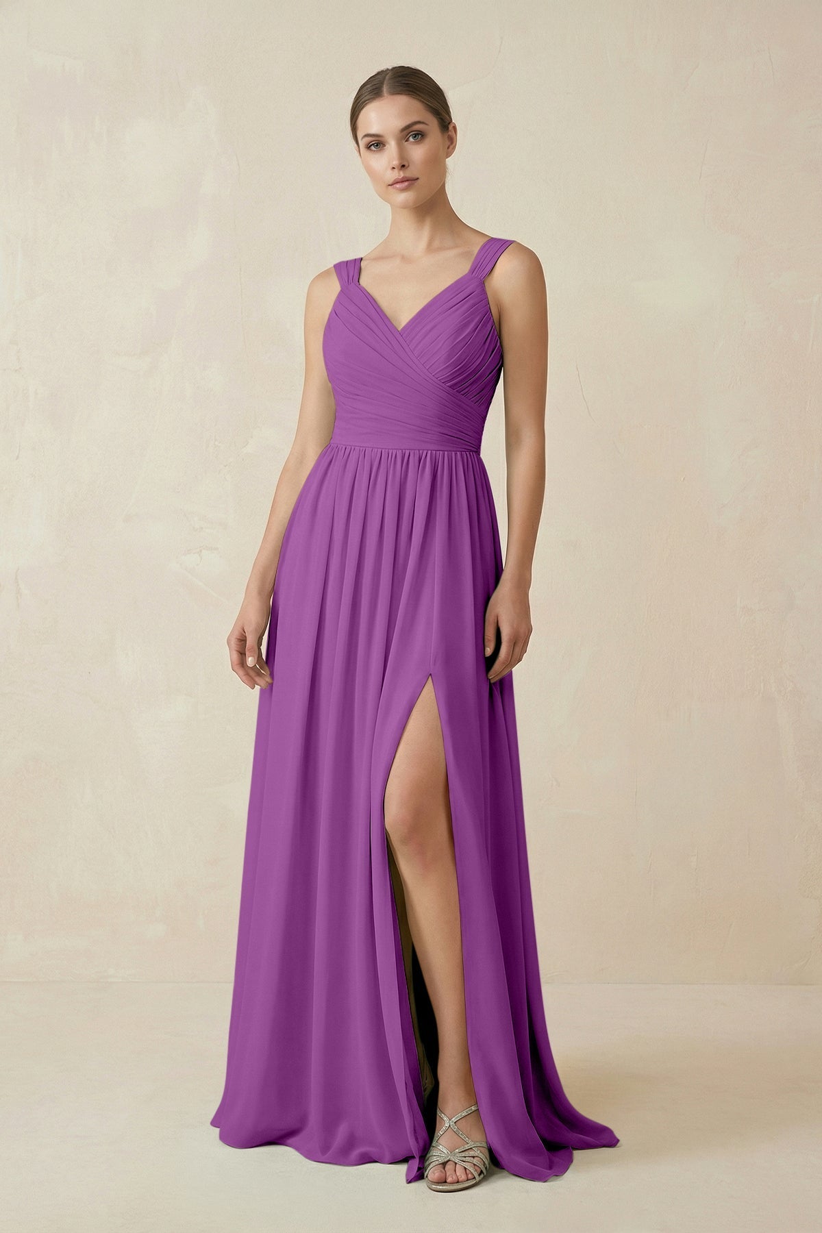 A - Line Pleated Chiffon Long Bridesmaid Dress in Amethyst - SHE IS ME Bridesmaid Dresses
