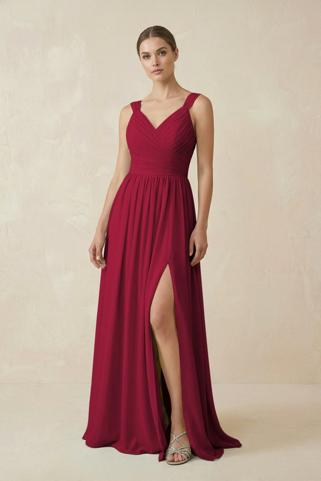 A - Line Pleated Chiffon Long Bridesmaid Dress in Berry - SHE IS ME Bridesmaid Dresses